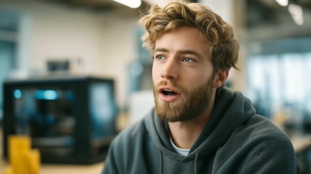 male professor developing prototype in university makerspace 3D printer humming collaborative research innovation cinematic color correction, gentle backlight, clean negative space, high quality