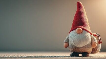 High-end close-up of classic red-hat garden gnome on warm gray beige, desaturated gentle tones, film grain vintage feel, ample copy space—ideal for collectible card, phone case print, blog banner, hol