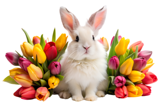 Adorable fluffy white bunny rabbit sitting in a vibrant bouquet of colorful tulips isolated on transparent background - Powered by Adobe