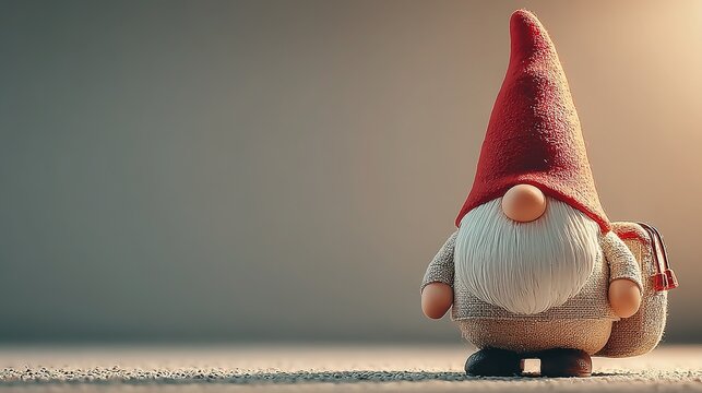 High-end close-up of classic red-hat garden gnome on warm gray beige, desaturated gentle tones, film grain vintage feel, ample copy space—ideal for collectible card, phone case print, blog banner, hol