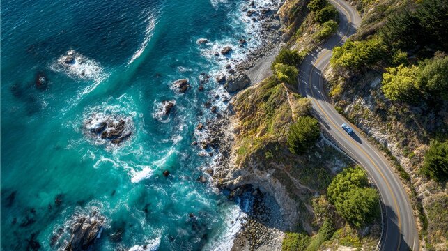 Aerial shot of coastal road winding along a cliff, ocean waves crashing, with a vehicle driving. Cliffs are green