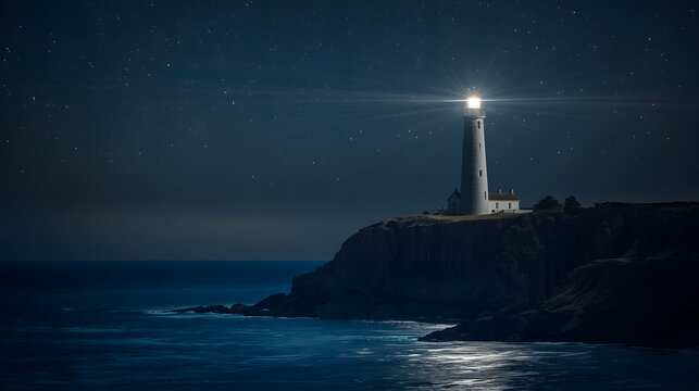 Night Time Lighthouse On Cliff Over Ocean With Bright Beacon Guiding The Sea