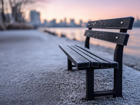 Serene winter morning with frosty park bench overlooking city skyline at sunrise, evoking peaceful solitude