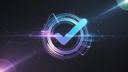 Neon cyber checkmark in futuristic HUD circle, digital verification tick, security compliance approved.