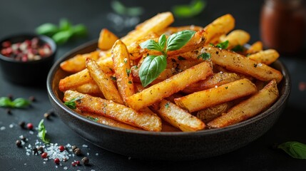 Golden, seasoned fries piled high in a bowl, garnished with fresh basil