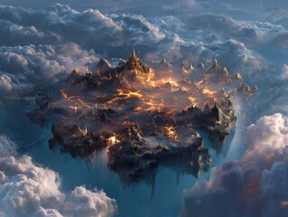 Enchanting floating island city glows with warm light amidst ethereal clouds, a breathtaking fantasy landscape