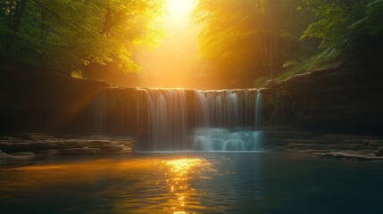 Golden waterfall cascading into a tranquil pool, sunbeams through trees