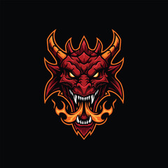 Fierce Red Dragon Head with Fiery Breath and Sharp Fangs on a Black Background