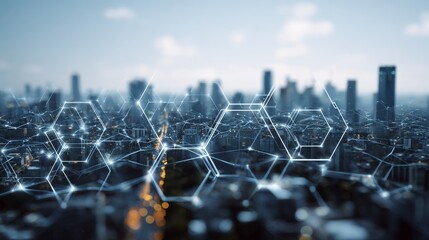 A city skyline is overlaid with a network of glowing hexagonal connections, suggesting interconnected infrastructure