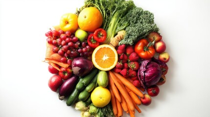 selection. Circular arrangement of fresh fruits and vegetables on a clean white background with soft shadows. menu design.