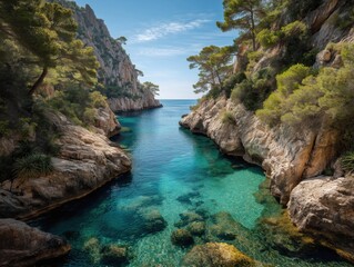 Serene turquoise waters reveal sun-dappled rocky coves and lush green cliffs under a bright blue sky