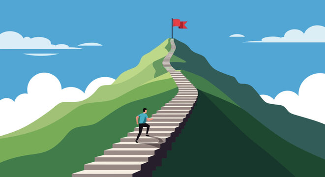 Climbing Staircase to Mountain Summit with Red Flag Symbolizing Achievement