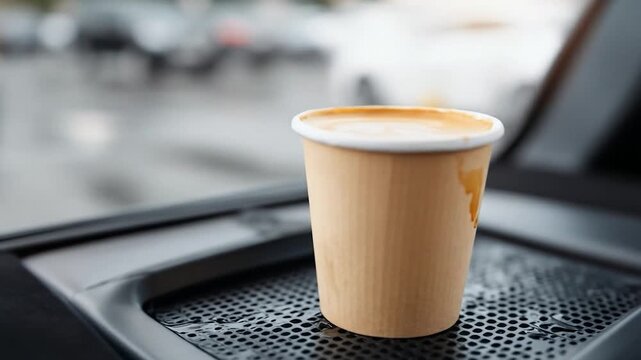 Disposable coffee cup inside car daily commute drive takeaway beverage morning routine