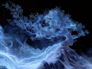 Enchanting ethereal tree glows with mystical blue light atop a snow covered mountain under a starry night sky with swirling cosmic energy