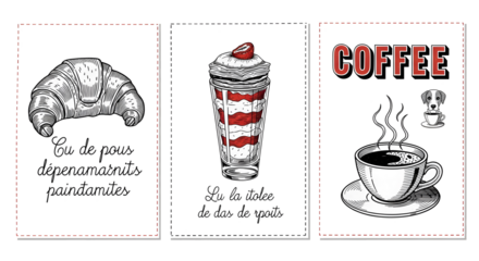 Triptych of hand drawn pastries and coffee drinks isolated on transparent background