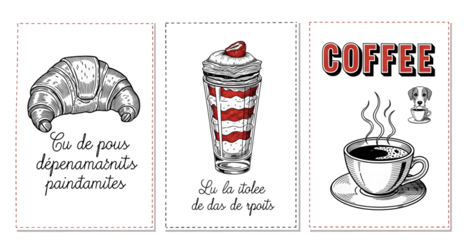 Triptych of hand drawn pastries and coffee drinks isolated on transparent background