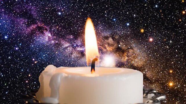 Burning candle flame in space galaxy background with bright stars and nebulae light and hope concept