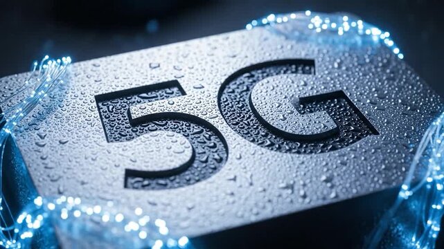 Cyber 5G connection video with illuminated wires wrapped around metal sign