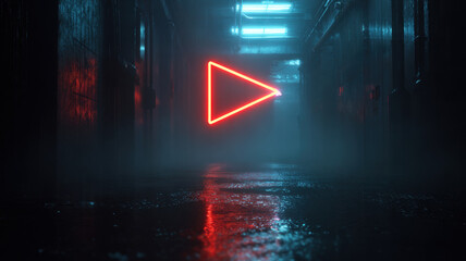 Naklejka premium Minimalist Cyberpunk Scene With Red Neon Play Triangle Floating Over Wet Street Atmospheric Fog Background