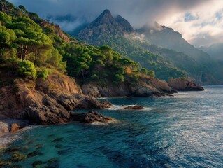 Dramatic coastal cliffs meet vibrant turquoise sea under moody, sunlit clouds, a breathtaking natural landscape.