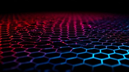 A low-angle shot showcases a 3D hexagonal grid with gradients of red and blue illuminating its edges against a dark background