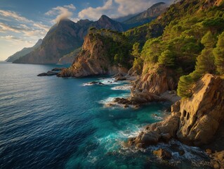 Fototapeta premium Stunning Mediterranean coastline showcases rugged cliffs, vibrant turquoise waters, and lush green pine forests bathed in golden hour sunlight.
