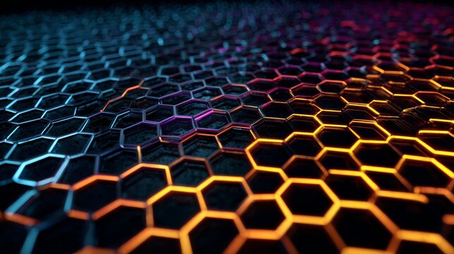 Abstract close-up of a honeycomb-like structure, illuminated with vibrant blue and orange gradient lighting - Powered by Adobe