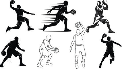 Basketball player illustrations, stylized action poses, dribbling, shooting, motion blur, geometric art, silhouette set, sports concept design