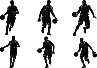 Basketball player silhouettes, action poses, dribbling, running, ball control, athletic motion, sports icon set, black illustration