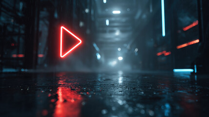 Naklejka premium Minimalist Cyberpunk Scene With Red Neon Play Triangle Floating Over Wet Street Atmospheric Fog Background