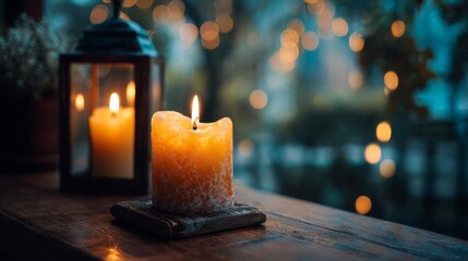 A warm, inviting scene of flickering candlelight on a wooden windowsill, with a lantern in the background