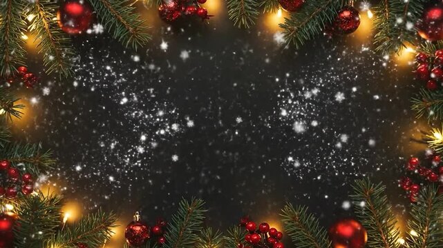 Xmas greeting video with golden fairy lights around evergreen border and empty center