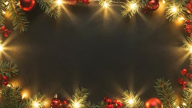 Christmas border video with glowing lights and pine branches on dark background