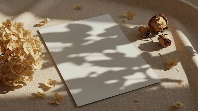 Elegant greeting card video with blank page surrounded by dried floral decor