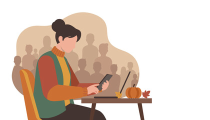 Professional working on a smartphone in a public space with autumn decor