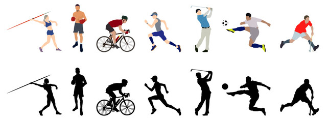Sport people set with silhouette. Collection of different sport activity. Professional athlete vector illustrtion.