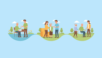 Young people assist and care for happy seniors outdoors Intergenerational family support and health