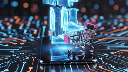 Neon Clothing Hologram Emerging From Smartphone Above Circuit Board And Shopping Cart - Powered by Adobe