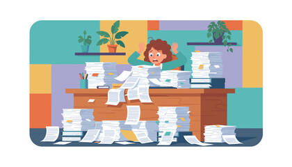 Stressed woman overwhelmed by giant stacks of paperwork at the office desk Burnout concept
