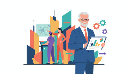 Business leaders and industrial workers collaborating on data technology and urban development planning