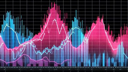 Abstract financial data graph with pink and blue bars, white and purple lines - Powered by Adobe