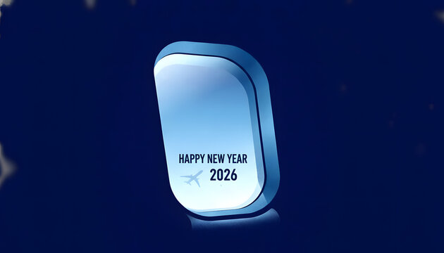 Happy New Year 2026 with Airplane Window on Gradient Blue Backdrop with Subtle Lighting and Reflections