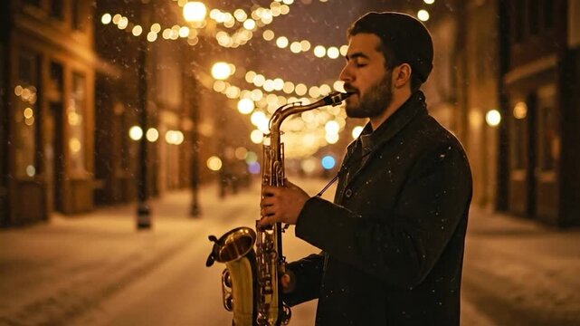 Festive jazz saxophonist video performing under warm holiday lights at night
