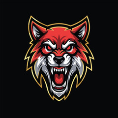 Fierce Red Fox Mascot Head with Aggressive Expression and Gold Trim