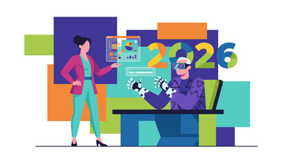 Futuristic business collaboration in 2026 Analyzing data using VR goggles and robotic interface