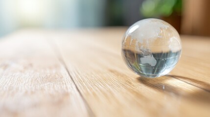atlas. Miniature globe resting on a wooden surface with soft lighting, representing exploration and global themes. tourism brochures.