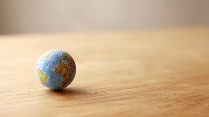 atlas. Miniature globe resting on a wooden surface with soft lighting, representing exploration and global themes. tourism brochures.