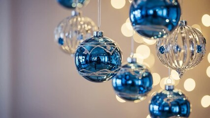 Elegant Christmas ornaments video with blue and silver baubles and bokeh lights - Powered by Adobe