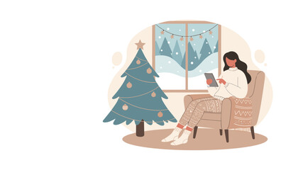 Cozy woman uses tablet by Christmas tree enjoying warm digital comfort while snow falls outside