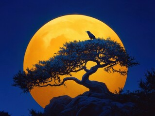 Mysterious raven perched on ancient gnarled tree silhouetted against a giant luminous full moon in a deep blue night sky